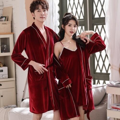 Sexy Velour Women Robe Sets Men Bathrobe Wedding Morning Gown Home Service Gold Velvet Couple Pyjamas