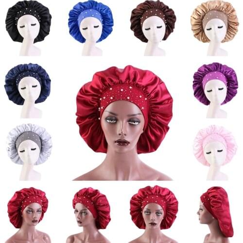Women Pearl Rhinestone Decor Satin Sleep Caps Hair Protection Care Elastic Solid Color Hairdressing Shower Cap Night Hat Bonnet