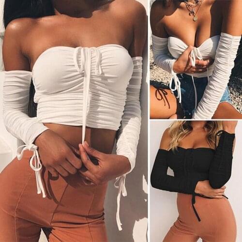 Women Gather T-Shirts Sexy Club Fashion Female T-Shirt Long Sleeve Off Shoulder Solid Color Tshirt Basic Tees