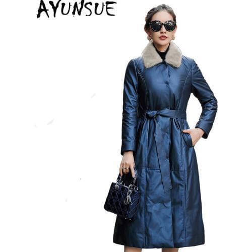 AYUNSUE Real Leather Jacket Winter Coat Women Mink Fur Collar Long Down Jacket Women Genuine Sheepskin Coat Chaqueta Mujer MY