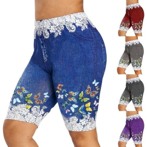 Ladies Casual Shorts Lace Patchwork High Waist Short Trousers Women Multicolored Butterfly Print Denim Hot Pants for Running