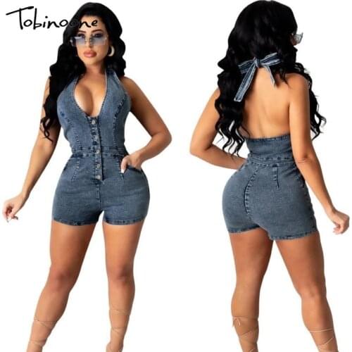 Tobinoone Halter Button Sexy Denim Jumpsuit Women Lace Up V Neck Sleeveless Backless Bodycon Jumpsuit Summer Casual Overalls