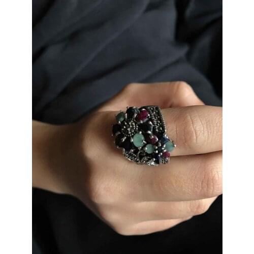 Colorful Natural Stone Marcasite 925 Sterling Silver Women 'S Ring Model