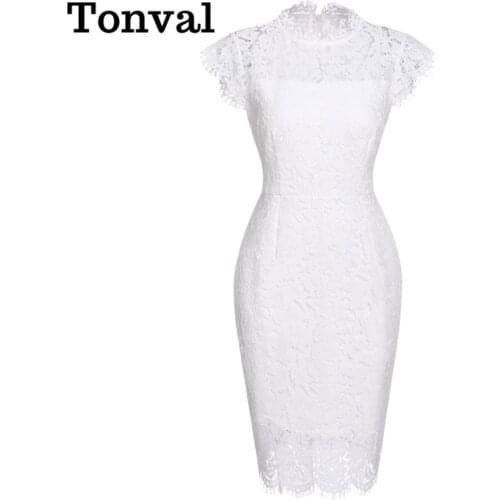 Tonval Elegant Lace Dress High Waist Vintage Women Cap Sleeve Bodycon Party Night Pencil Dresses Office Ladies