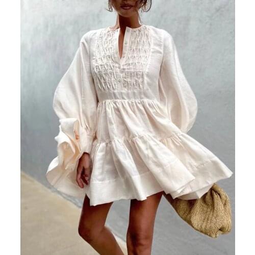 2021 Autumn Lantern Sleeve Lingge Front Short Linen Doll Dress