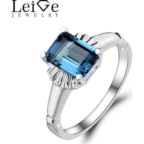 Leige Jewelry Wedding Ring London Blue Topaz Ring Emerald Cut Blue Gemstone Genuine 925 Sterling Silver November Birthstone Gift