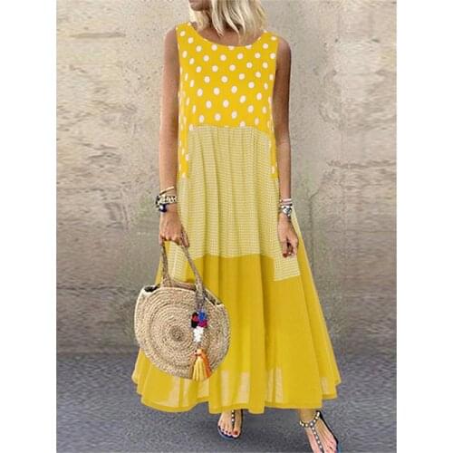 0100 Summer Women Sleeveless Dresses Cotton Linen Polka Dot Plaid Patchwork Casual O-Neck Fashion Urban Chic Home Daily Vestidos