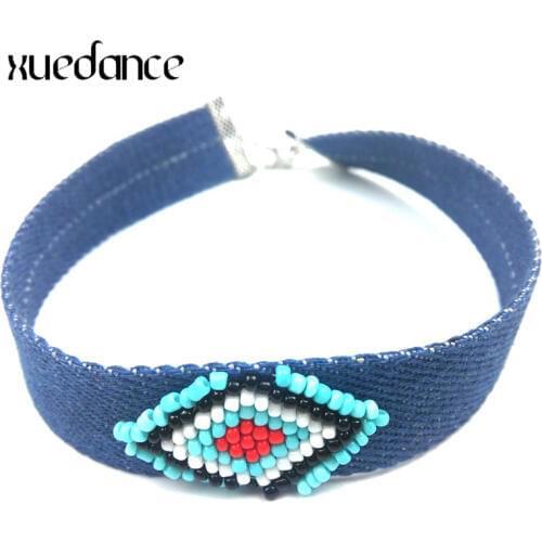2018 new sample pure hand-woven rhombus pattern beaded denim chokers necklace