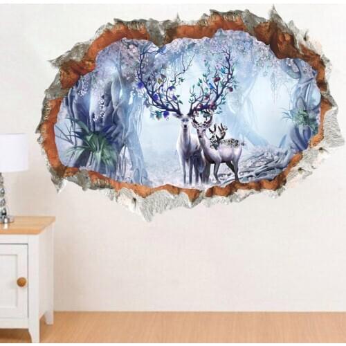 3D Broken Hole Wall Decals Forest Deer Kids Room Bedroom Home Decor Wall Decal Art Home Decor