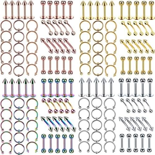 40PCS/set Surgical Steel Body Piercing Jewelry Eyebrow Nose Ring Tongue Bar Lot Lip Ear Labret Piercing Set Horseshoe Ring