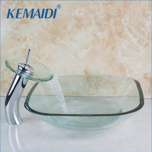 4048-1 Waterfall Chrome Glass Tap Faucet Square Bathroom Art Washbasin Clear Tempered Glass Vessel Sink Set