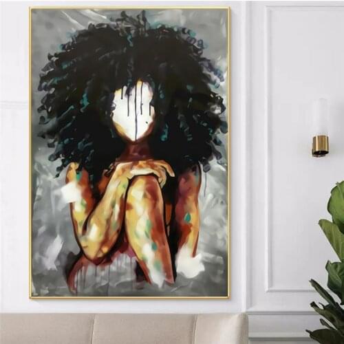 African black Woman Fluffy Hair Abstract Canvas Painting Posters and Print Wall Art Picture for Living Room Cuadros Home Decor