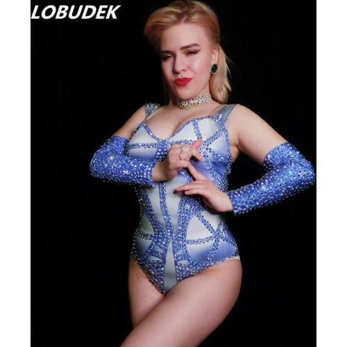 Sparkly Blue Rhinestones Tights Halter Bodysuit Cuff Sexy Nightclub DJ Lady Singer Pole Dance Costume Elastic Leotard Stage Wear