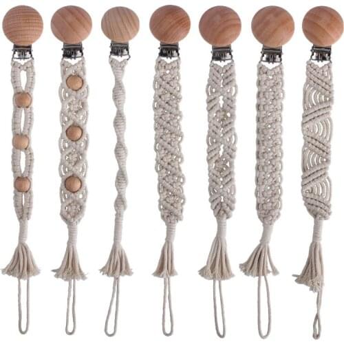Hand Braided Rope Pacifier Chains Handmade Wooden Pacifier Clips Safe Rope Knot Chain Baby Girl Boy Eco-friendly Holder Chain