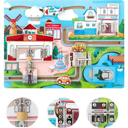 Kids Wooden Un-Lock Toys Set City Travel Vehicle Scene Labyrinth Unlock Games for Children Montessori Education Learning Gift