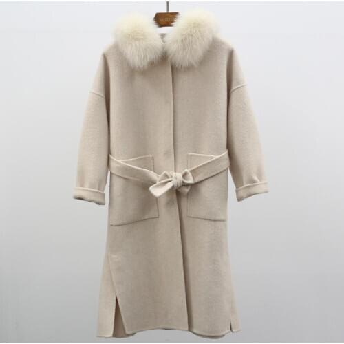 Hot Sale Double Faced Wool Coat with Real Fox Fur Collar Long Handmade Women Cashmere Wool Coat