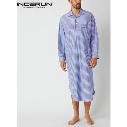 INCERUN Man Fashion Long Style Homewear Robes Hombre2021 Leisure Mens Bathrobes Striped Long Sleeve Lapel Neck Nightgown S-5XL 7