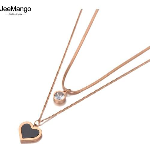 JeeMango Rose Gold Trendy Acrylic Heart Pendant Necklace For Women Stainless Steel CZ Crystal Chain Choker Necklace JN20145