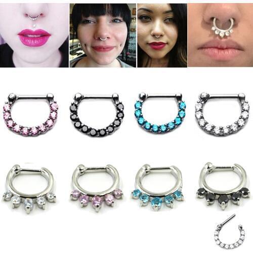 1pc Stainless Steel CZ Gem Stepum Nose Clicker Hoop Rings Navel Lip Nipple Tragus Cartilage Ring Body Jewelry Retainers 16g