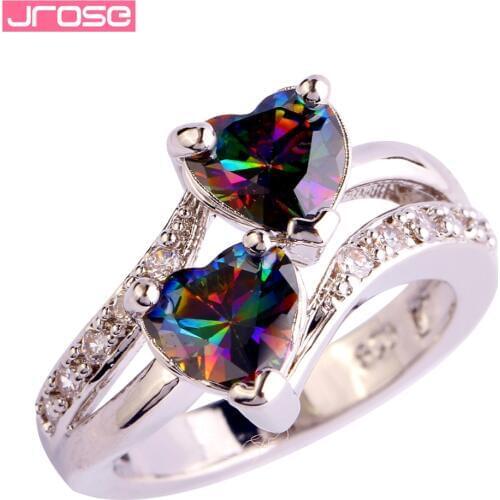 JROSE Wholesale New Fashion Heart Birthstone Ring Rainbow & White Cubic Zirconia Silver Color Jewelry Ring Size 6 7 8 9 10 11 12