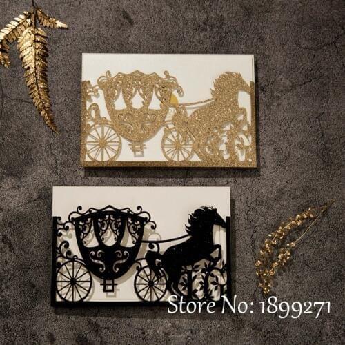 King and queen gold glittery horse carriage laser cut sleeve with invitation rustic invitation wedding cards floral patterned