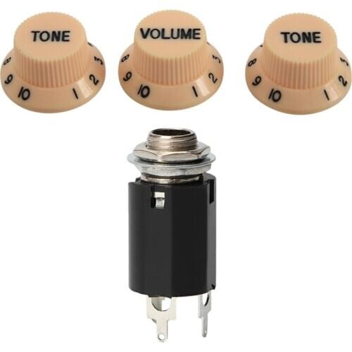 Cream Dark Blue Font 1 Volume & 2 Tone Guitar Control Knobs for Fender Strat & 1Pc Black Guitar Endpin Jack 6.35 Input