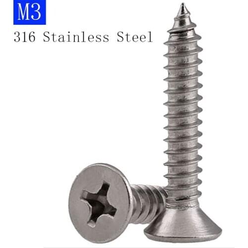 M3 316 Stainless Steel Phillips Cross Countersunk Head Tapping Screws Flat screws bolts DIN 7982 ISO 7050