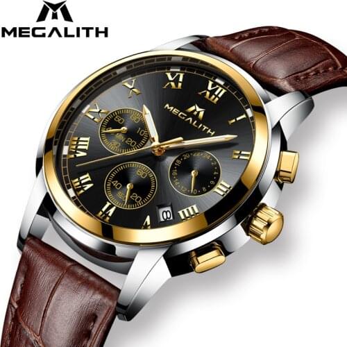 MEGALITH Black Watches Men Waterproof Clock Date Luminous Leather Quartz Wrist Watch Mens Analogue Sport Watch Relogio Masculino