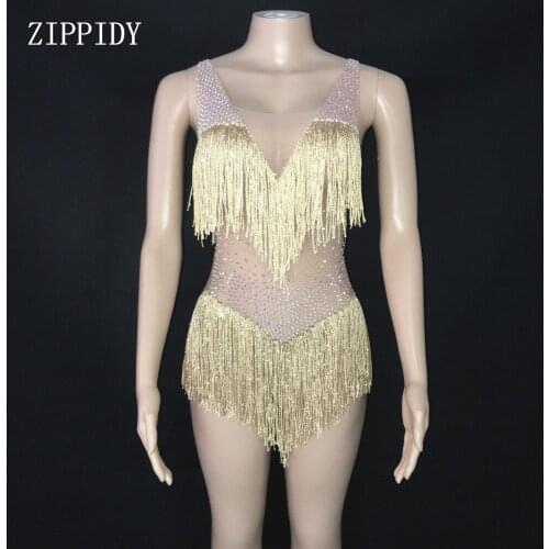 Fashion AB Color Stones Transparant Gold Tassels Bodysuit Celebrate Dance Outfit Evening Women Singer Prom Fringes Leotard