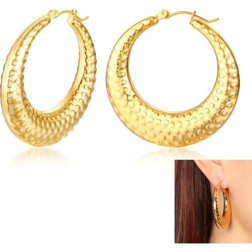 Fashion Big Earrings for Women Gold Color Stainless Steel Round Wave point Earrings Lady Party Jewelry E001