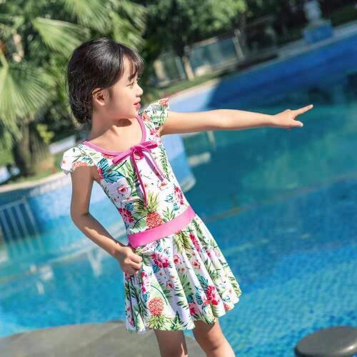 Floral Sweet Girl One-piece Suits Bow tie String Romatic Angle Swimsuit Girls With Hat Batching Suit 2-12 Years old