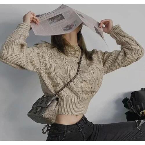 2021 New Autumn Winter Fashion Women’s Casual Long Sleeve Sweater Fashion Gilrs Solid Color Loose Short Style Knitted Crop Tops