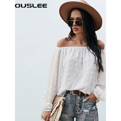 OUSLEE 2021 Summer Chiffon Blouse Women Sexy Slash Neck Blusa Shirt Mujer Elegant Long Sleeves Female Tops And Blouses Plus Size