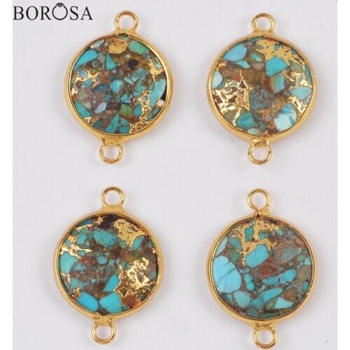 BOROSA Fashion Gold Round Natural Turquoises Necklace Pendant Wholesale Gems Stone Beads Double Charms for Bracelet Making G2009