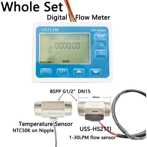 US211M Water Flow Meter Totalizer with SUS304 Stainless Steel USS-HS21TI 1-30L/min Liquid Meter with Temperature Nipple iowmeter