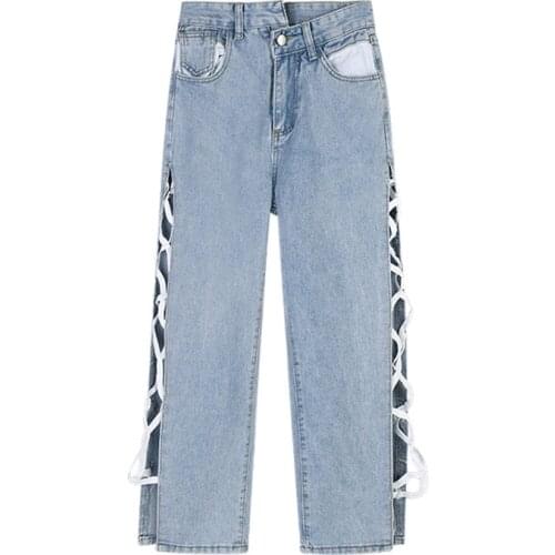 Wide Leg Jeans Women 2021 Summer New Side Slit Irregular High Waist Bandage Jeans Girl Loose Casual Pants