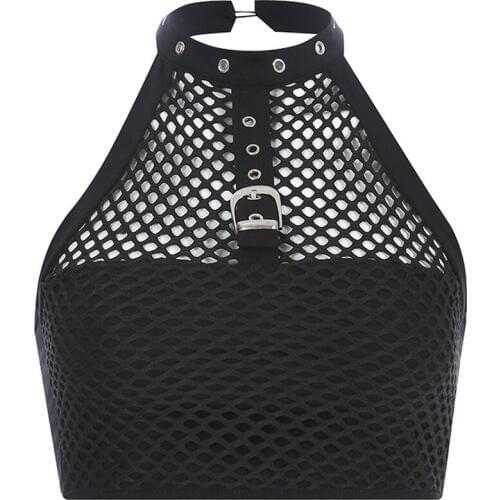 Gothic Summer Mesh Top Sexy Hollow Out Women Trendy Black Crop Top Club Streetwear Buckle Punk Cool Girl Backless Goth Tank Tops
