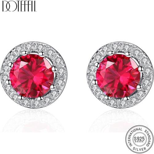 DOTEFFIL Luxury 7.7mm Round Ruby Brilliant Stud Earrings for Women Elegant 925 Sterling Silver Topaz Engagement Earrings Jewelry