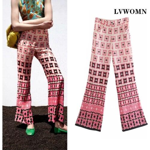 LVWOMN Summer 2021 Za Women Vintage Print Flared Pants Women High Waist Fashion Straight Trousers Female Long Pant Pocket Casual