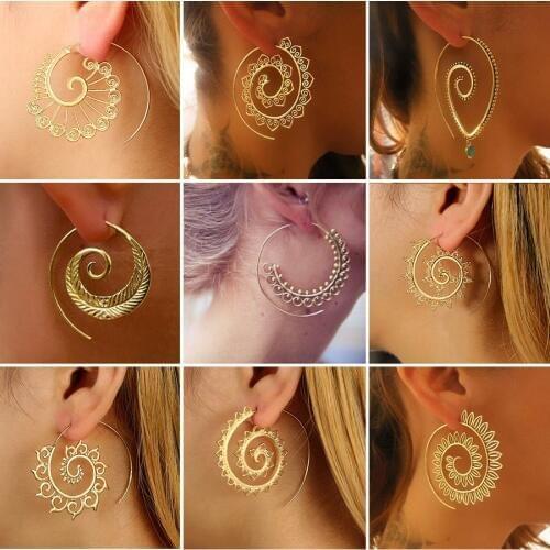 Bohemia Ethnic Personality Round Spiral Drop Earrings Exaggerated Love Heart Whirlpool Gear Earrings for Women Beach Jewelry