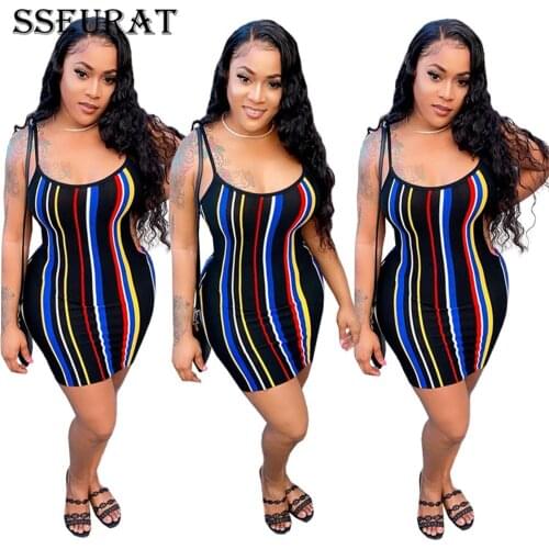 SSEURAT Women Summer Sleeveless Dress Fashion Striped Print Bodycon Bandage Party Night Club Casual Street Dresses Vestidos