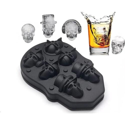 1pcs 3D Ice Cube Maker Skull Flexible Silicone Ice Cube Mold Tray Makes Four Giant Skulls Round Ice Cube Maker Black