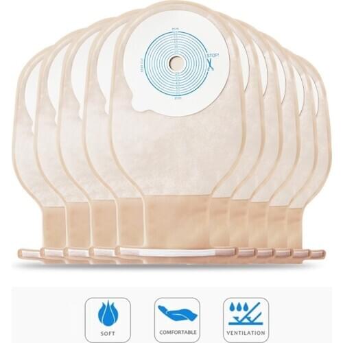 10 PCS One-piece System Ostomy Bags Drainable Colostomy Pouch Ostomy Stoma 60mm Cut Size Beige Cover Urine Bag With Clip Closure
