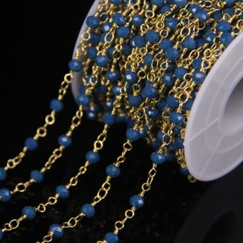 5Meter 3x4mm Dark Blue Glass Faceted Rondelle Bead Chains,Plating Gold Wire Wrapped Rosary Chains Necklace bracelet Jewelry