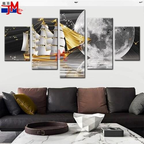 Unframed 5 Piece Abstract Luxury Moon Ship Diamond Art Painting Embroidery Modern Modular Wall Decorative Mosaic Home Decor