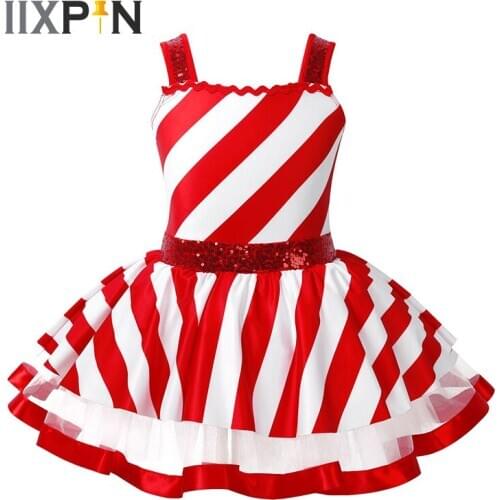 Girls Ballet Tutu Dress Christmas Dance Sequins Striped Figure Ice Skating Dress Roller Skating Baton Twirling Leotard Dress