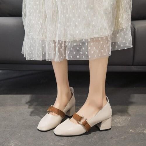 Heels Pumps 2021 Autumn Women Dress Shoes Buckle Boat Shoes Ladies Mary Janes Shoes Sq uare Toe Chunky Heeled