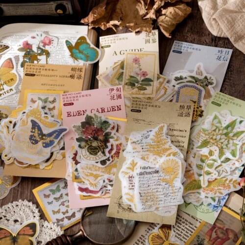 60pcs Bronzing Scrapbook Stickers Set Flora Leaf Butterfly Diy Decorative Stickers Nature Decal Laptop Sticker For Journal Album