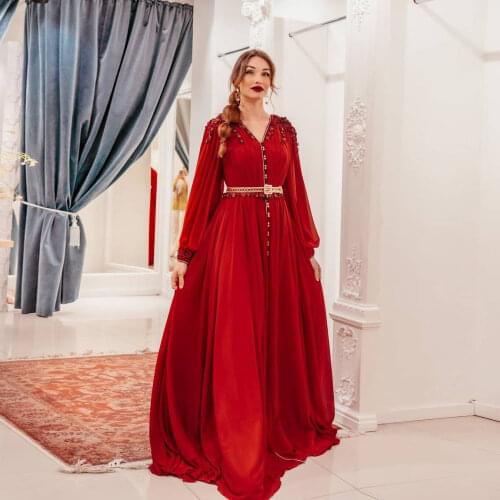 Red Simple V-Neck Summer Dress A-Line Floor Length Moroccan Caftan Saudi Arabia Special Occasion Prom Dress Formal Evening Dress