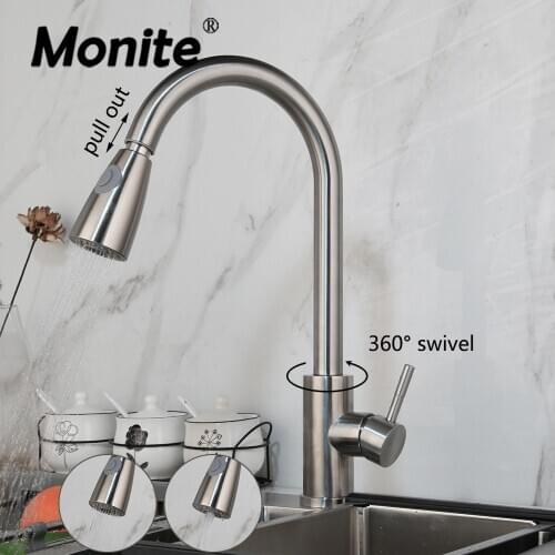Monite Nickel Brushed Pull Out Kitchen Sink Faucet Stainless Steel Rain & Column Spray 360° Swivel Kitchen Faucet Mixer Tap